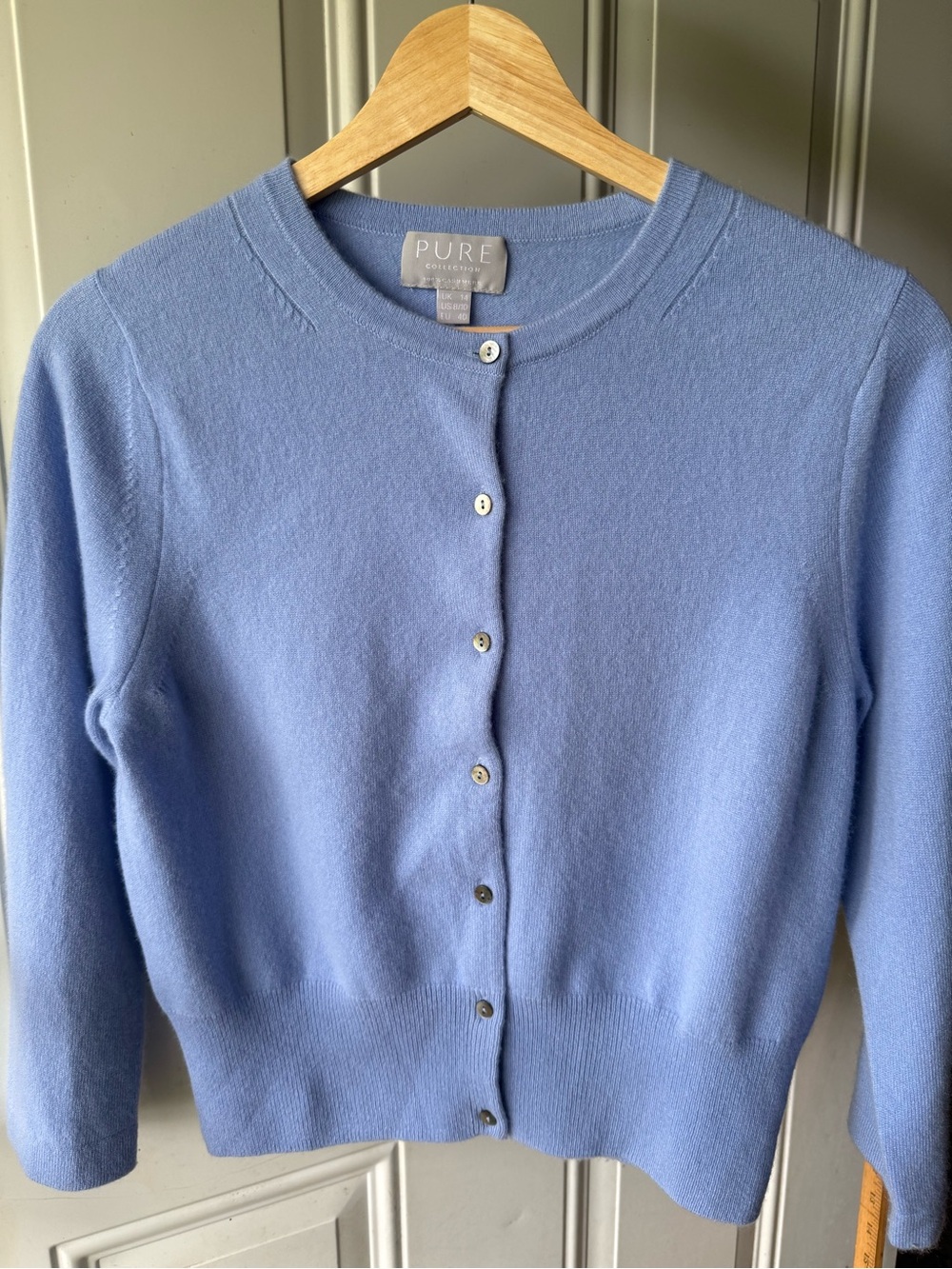 PURE Collection Cashmere Light Blue 3/4 Sleeve Crewneck Cardigan